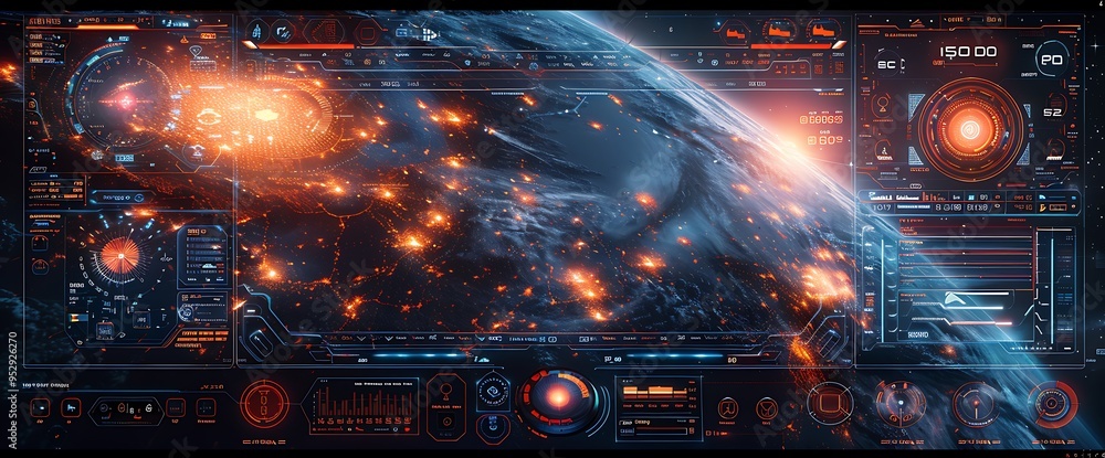 Poster futuristic digital display showing earth with a glowing city and red data readings.