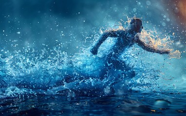 Silhouette of a man running through water, creating a splash effect.