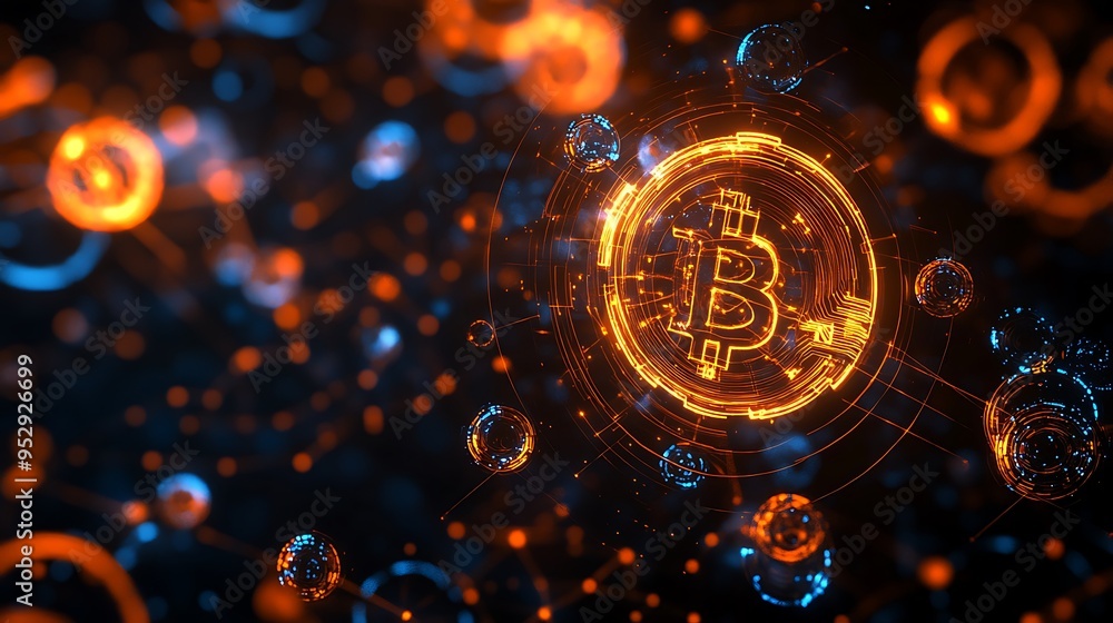 Aufkleber glowing bitcoin symbol in a network of circuits and bokeh lights
