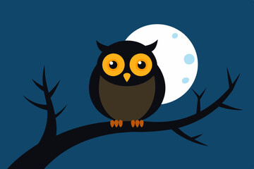 Adorable Owl Perched on Spooky Tree Branch Halloween-Themed Vector Illustration