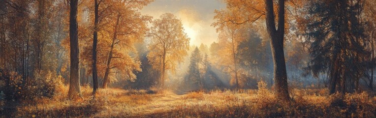 Fototapeta premium Golden Autumn Forest Path Sunbeams Fog Sunlight Woodland Trees Nature