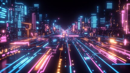 Fototapeta premium Futuristic Neon Cityscape with Glowing Lines and Buildings