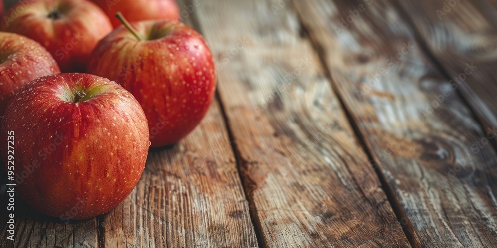 Poster Selective focus on freshly harvested red apples on a wooden table with a shallow depth of field