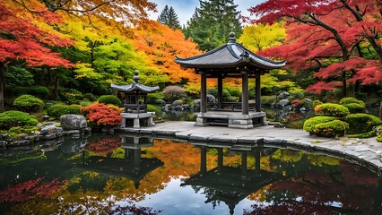 池と色鮮やかな紅葉のある日本庭園
