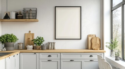 Modern Kitchen Interior with Wooden Countertop and Blank Frame