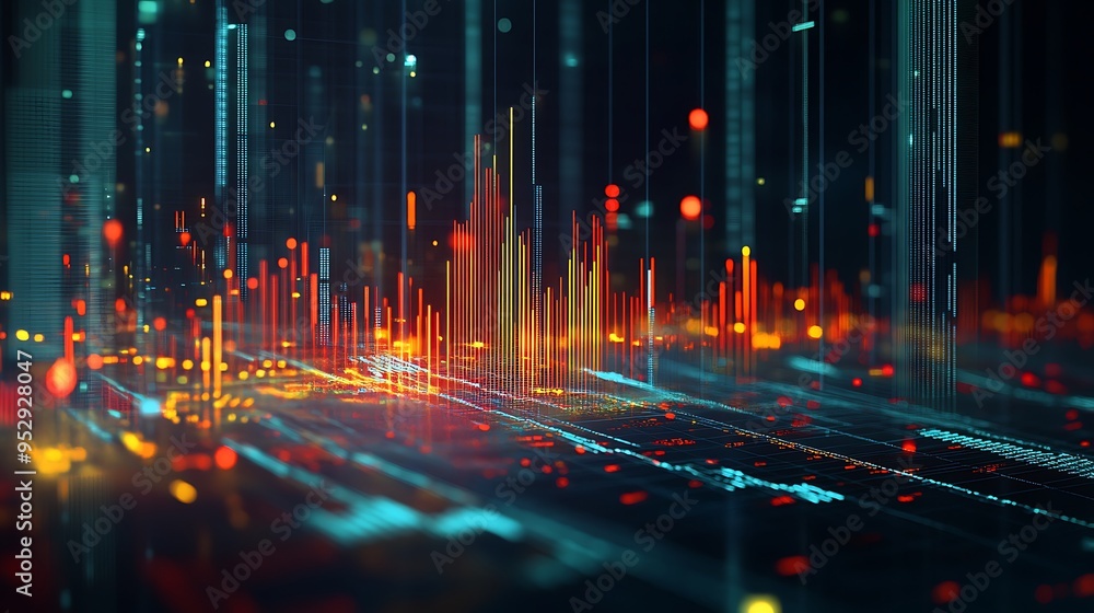 Poster abstract digital cityscape with glowing towers and data streams