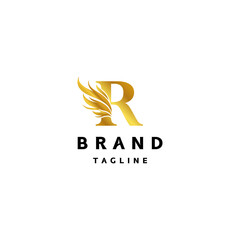 Initial Letter R with Gold Wings Logo Design. Initial Letter R With Wings On Its Side Logo Design.