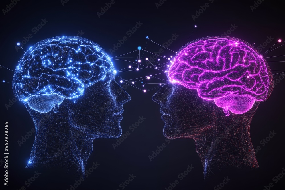 Poster artistic silhouette of two heads with glowing brain visuals symbolizing the merging of thoughts and 