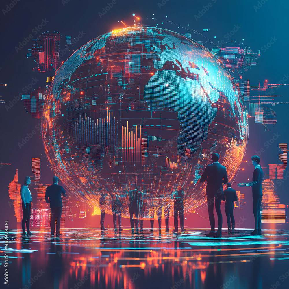 Poster digital network on world map 3d rendering of global connections