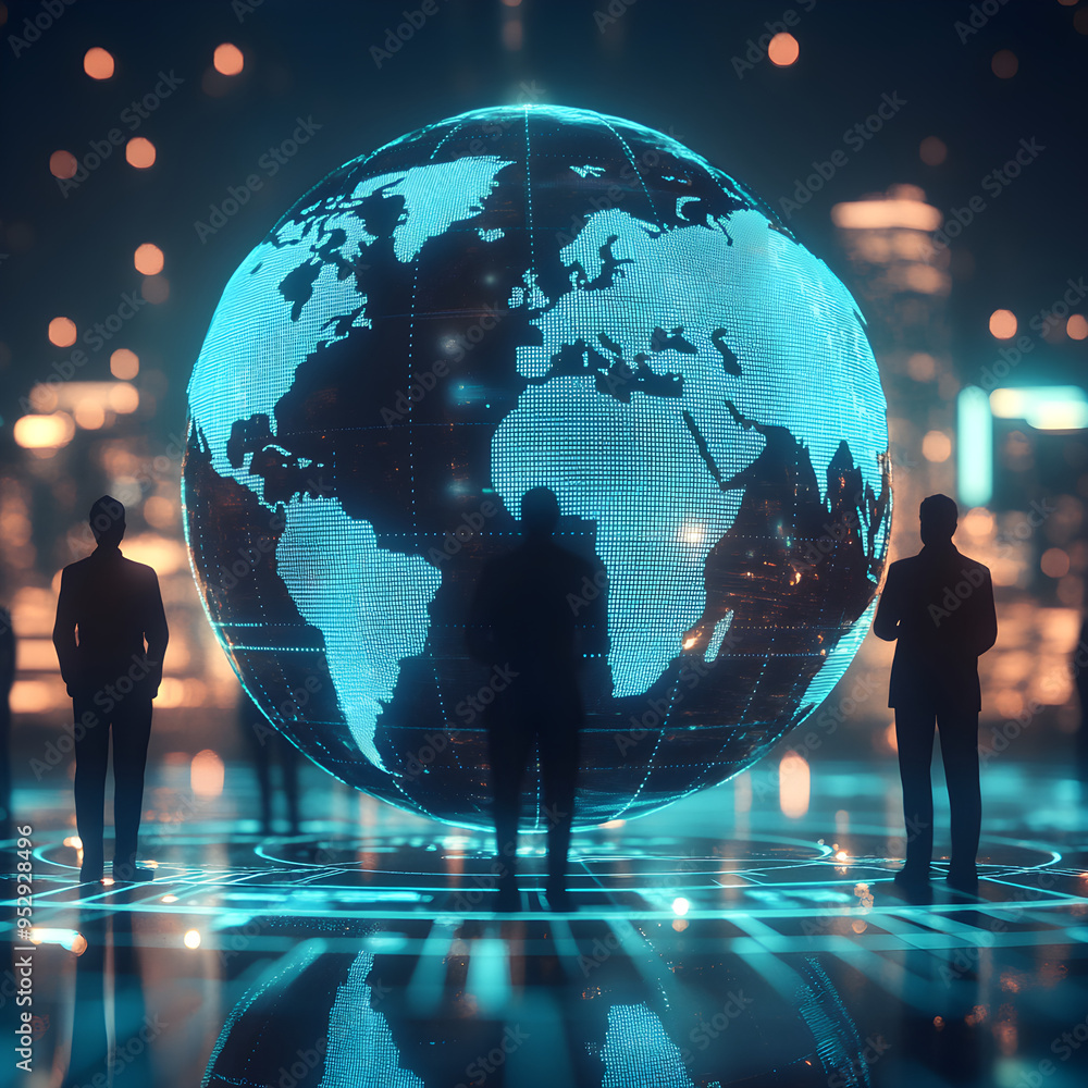 Aufkleber global network visualization digital dots on world map 3d rendering