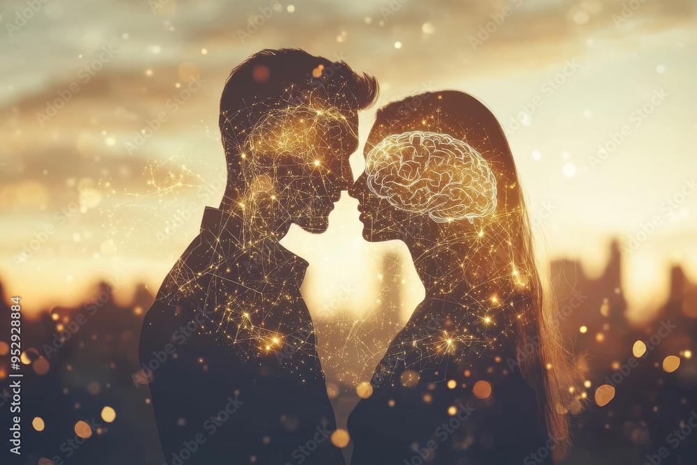 Aufkleber artistic representation of two faces with glowing brain visuals symbolizing the interplay of thought