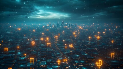 Obraz premium Dazzling Nighttime Cityscape with Glittering Skyscrapers and Vibrant Illumination