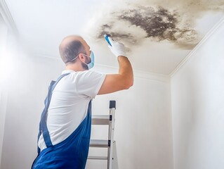 Worker climbs a ladder to remove mold from the ceiling. He is dressed in protective gloves and a mask to ensure safety.