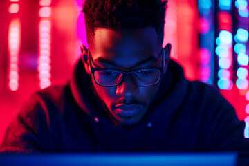 A focused African American male wearing glasses and a hoodie, working on a laptop in a dimly lit room with vibrant red and blue lights, likely in a tech or server environment