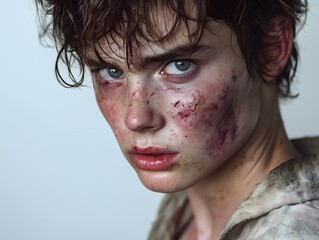 Close up portrait of a young woman or man with bruises and injuries shows intense emotion and strength. Beaten up woman. Violence experience.