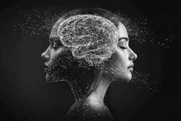 Artistic portrait of a woman with fragmented brain visuals symbolizing the scattering of thoughts and the complexity of human cognition