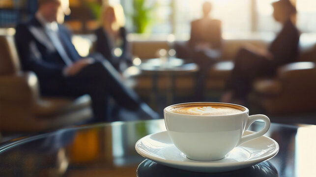 Cup or mug of coffee on table desk, copy space, blurred businesspeople talking on break from job or work. Employee team conversation, corporate colleagues meeting discussion, communication, together