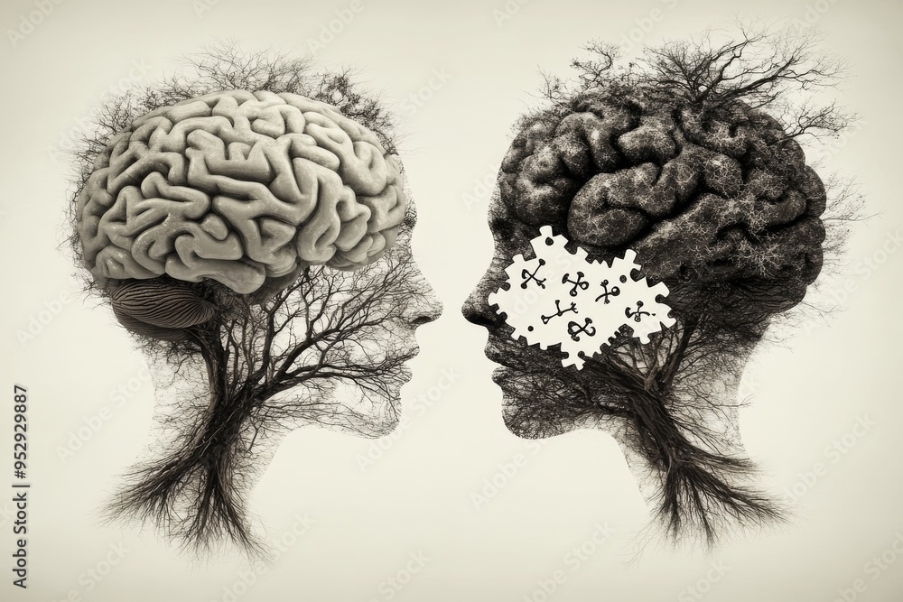 Poster artistic silhouette of two heads with tree like brain visuals symbolizing the growth of thoughts and