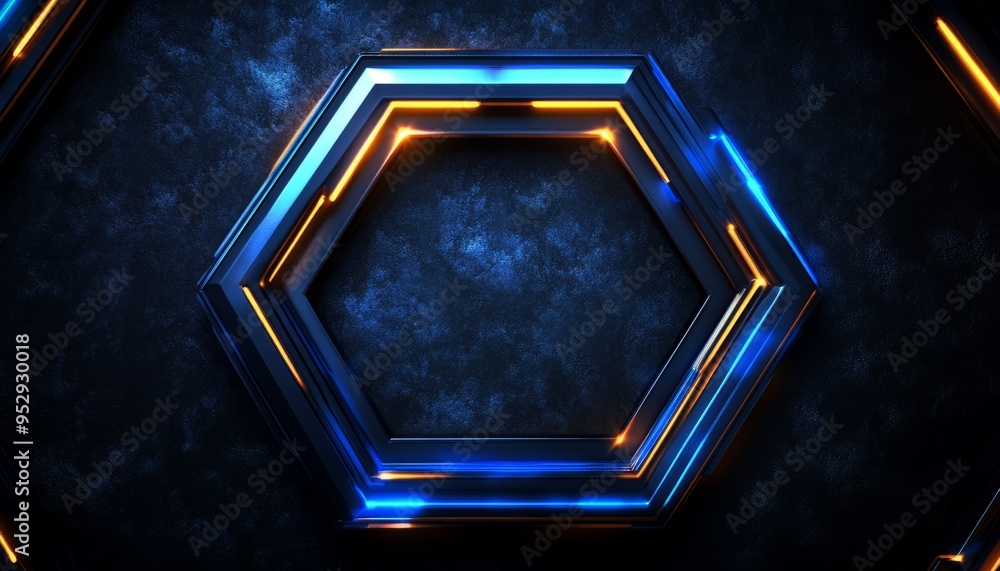 Poster glowing blue and orange hexagon frame on a dark background