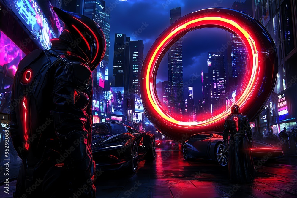 Poster neon color cyberpunk theme with futuristic cityscapes and characters, depicted in an artwork where a