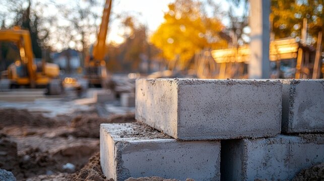 Stack of concrete blocks on sandy lot for construction of a single-family house in a suburban residential development