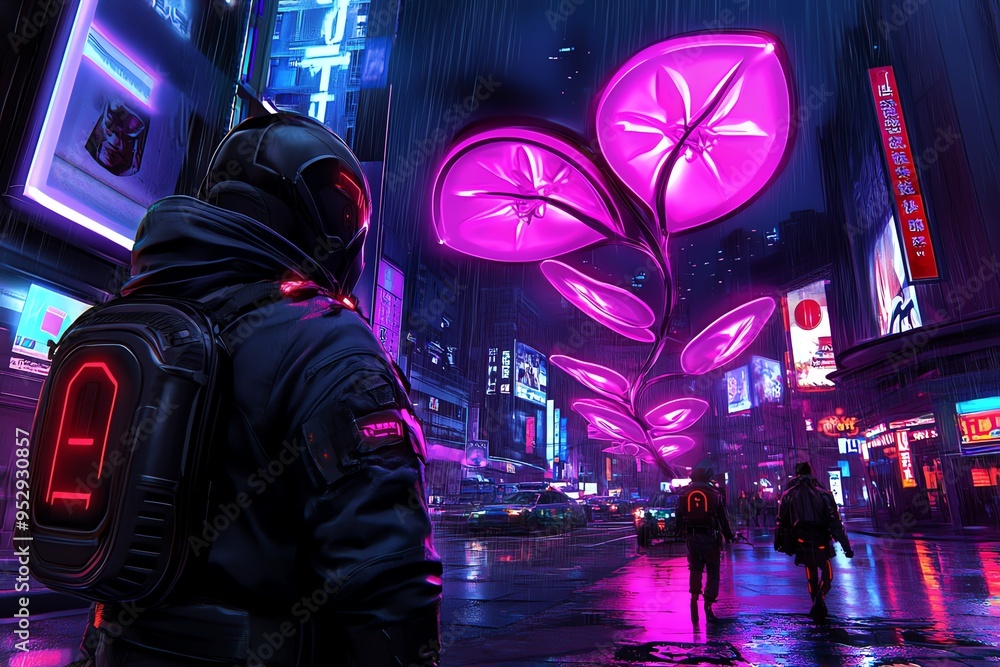 Poster neon color cyberpunk theme with futuristic cityscapes and characters, depicted in an artwork where a