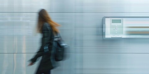Young woman moving in front of a wall featuring a security control panel.