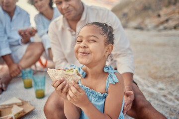 Picnic, child and smile on beach with sandwich, happiness and excited with family. Kid, wellness and food in nature for nutrition, favorite snack and lunch on outing for travel and fun in Brazil