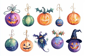 Isolated cute cartoon-style Halloween and Christmas ornaments with bright lights, featuring adorable and holiday-inspired designs