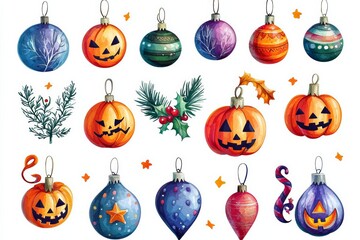 Isolated cute cartoon-style Christmas ornaments with Halloween motifs and glowing lights, showcasing a fun and vibrant look