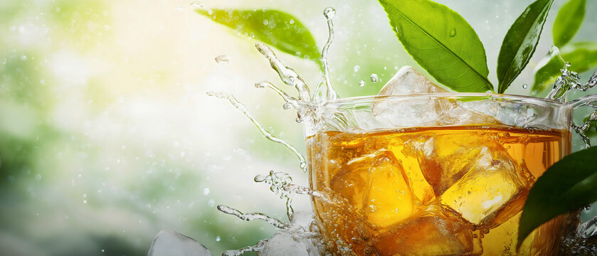 Ice tea glass banner with green leaf and liquid splash. Copy space, cold refreshing summer drink or beverage, cool juice advertising poster, brand, tasty, leaves, promotion