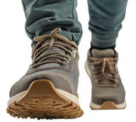 Closeup of man shoe footwear legs taking a step forward, walking, urban lifestyle adventure, go, challenge, isolated on transparent background