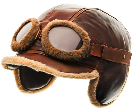 Brown leather aviator hat or cap with glasses isolated on transparent background. Aircraft travel transportation flight helmet uniform, retro military army pilot profession occupation, vintage journey