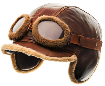 Brown leather aviator hat or cap with glasses isolated on transparent background. Aircraft travel transportation flight helmet uniform, retro military army pilot profession occupation, vintage journey