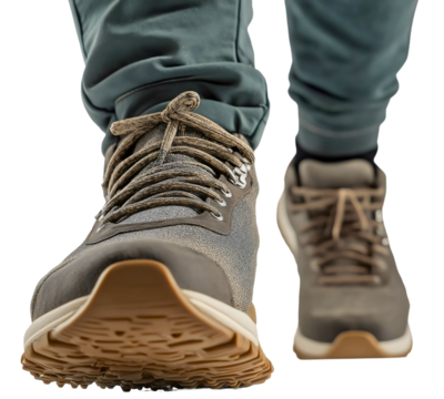 Closeup of man shoe footwear legs taking a step forward, walking, urban lifestyle adventure, go, challenge, isolated on transparent background