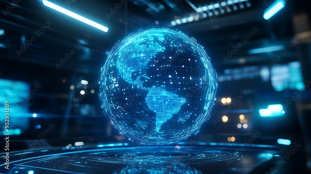 Poster holographic earth globe with glowing lines and data points
