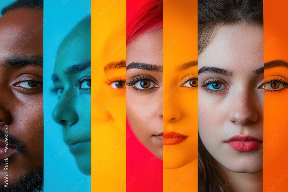Aufkleber A striking display of diverse faces separated by a bold barrier, emphasizing themes of division and cultural differences. Generative AI