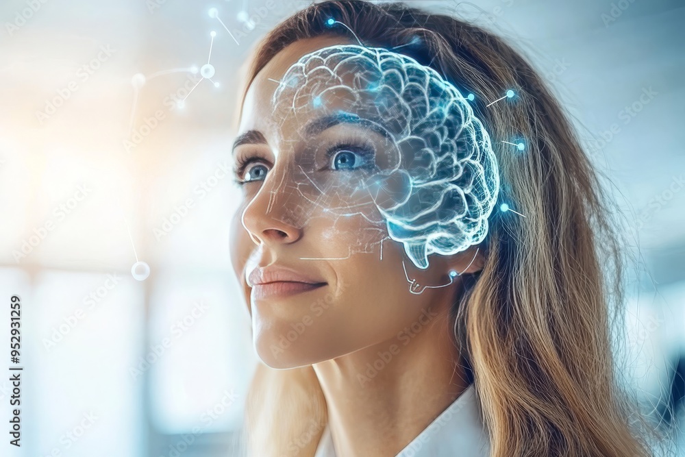 Poster portrait of a woman with digital brain overlay symbolizing technology innovation and future thinking