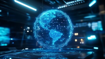 Holographic Earth Globe with Glowing Lines and Data Points