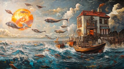 a picture of a house on the edge of the sea with lots of fish emerging and large boats decorated with the hot sun
