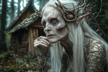 Obraz premium Mythical figures: Baba Yaga, infamous witch living in hut on chicken legs, Leshy, enigmatic forest guardian, their roles in Slavic folklore, their impact on traditional stories and beliefs.