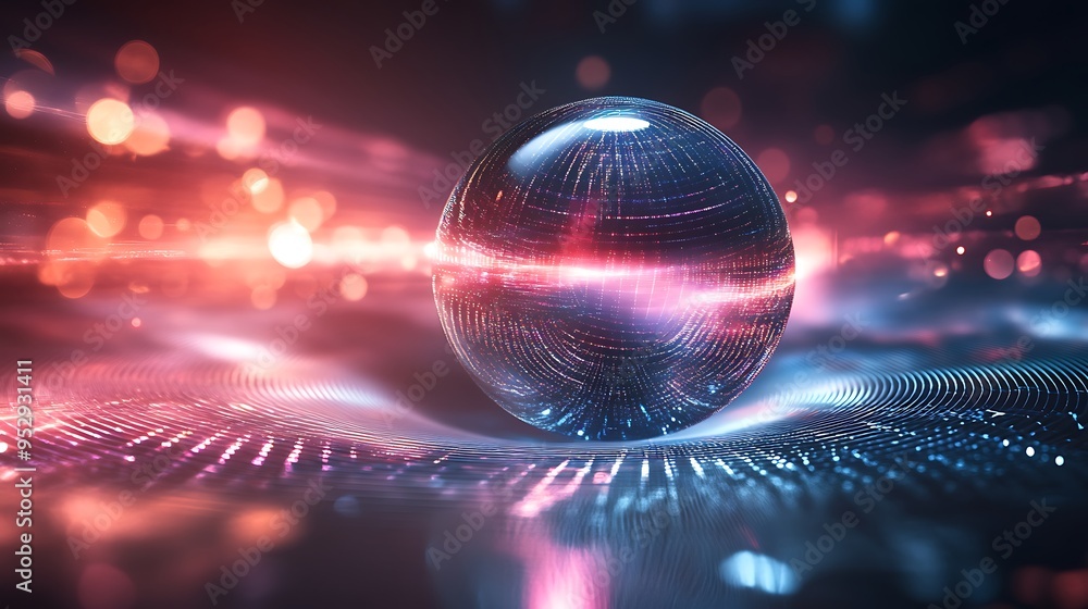 Aufkleber glowing sphere on a networked surface with bokeh lights