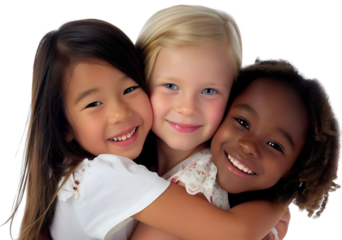Portrait of happy smiling three diverse little girls, Asian, Caucasian and African American female children kids isolated hugging. Diversity friendship and love, embrace group unity, school, team