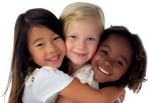 Portrait of happy smiling three diverse little girls, Asian, Caucasian and African American female children kids isolated hugging. Diversity friendship and love, embrace group unity, school, team