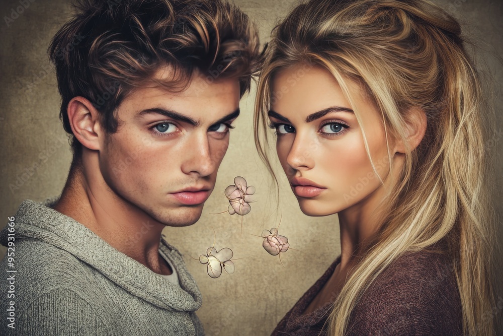 Poster stylized portrait of a young couple with floating puzzle brain graphics symbolizing the intricacies 