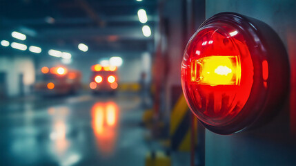 Firefighter fireman station department red alarm, copy space. Garage with emergency firetruck vehicle, firehouse building, help and security service transport equipment, urgency siren, town brigade