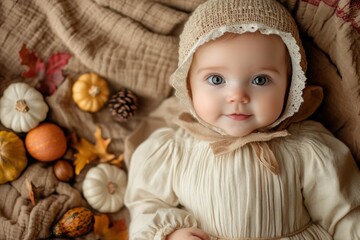 A sweet baby girl in a pilgrim dress and bonnet with Thanksgiving decorations like acorns and small gourds 