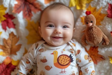 A smiling baby in a turkey themed onesie, lying on a blanket with colorful fall leaves and a tiny stuffed turkey toy. Thanksgiving theme.