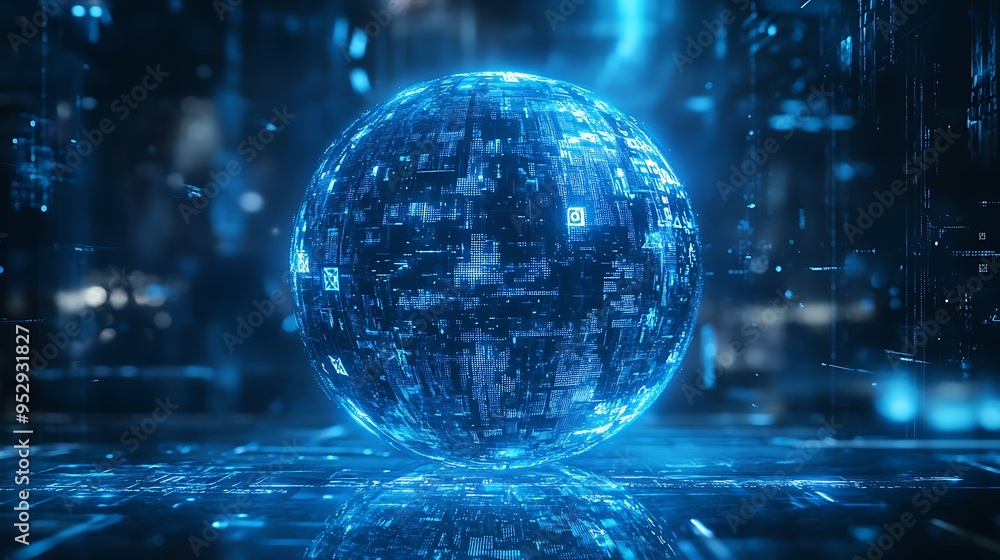 Poster a glowing blue sphere with digital patterns, floating above a circuit board-like surface.