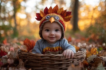Cute Baby in Thanksgiving Turkey Hat Sitting in Wicker Basket with Autumn Leaves